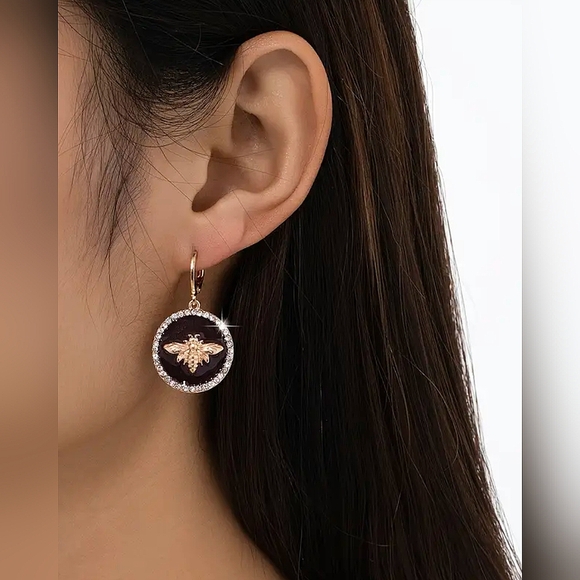 Brown, Gold & Bling Bee Dangle Earrings - Picture 3 of 4